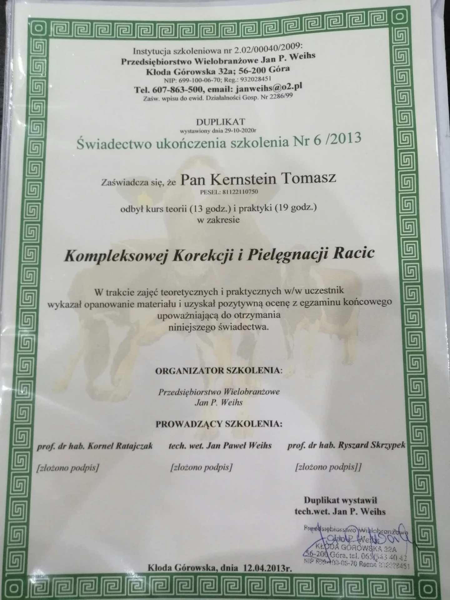 Świadectwo ukończenia szkolenia — Kompleksowej Korekcji i Pielęgnacji Racic